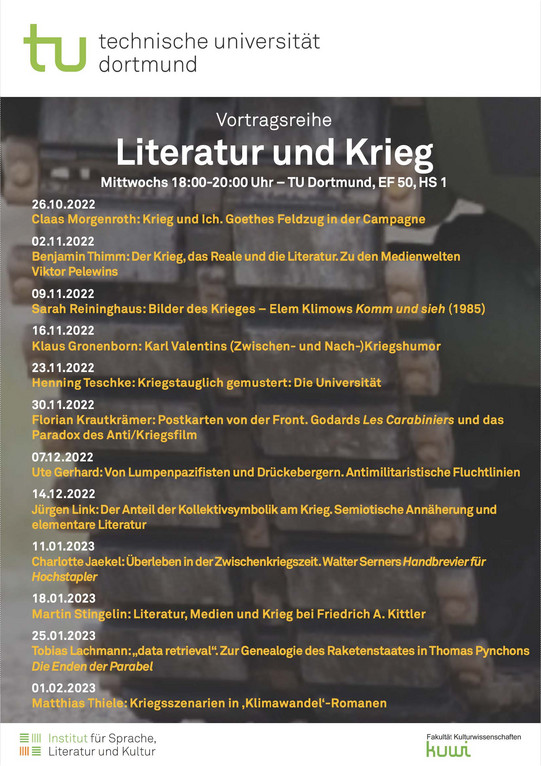 Plakat mit den Terminen für die Vortragsreihe Literatur und Krieg.