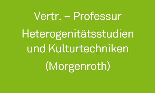 Grüne Kachel mit dem Text: Vertr.-Prof. Heterogenitätsstudien und Kulturtechniken (Morgenroth)
