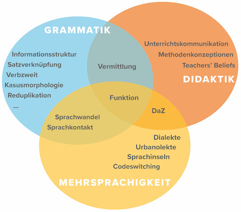 Die Bereiche Grammatik, Mehrsprachigkeit und Didaktik werden als drei bunte Kreise dargestellt, die sich überlappen und in denen sich weitere Teilbereiche der Oberthemen finden.